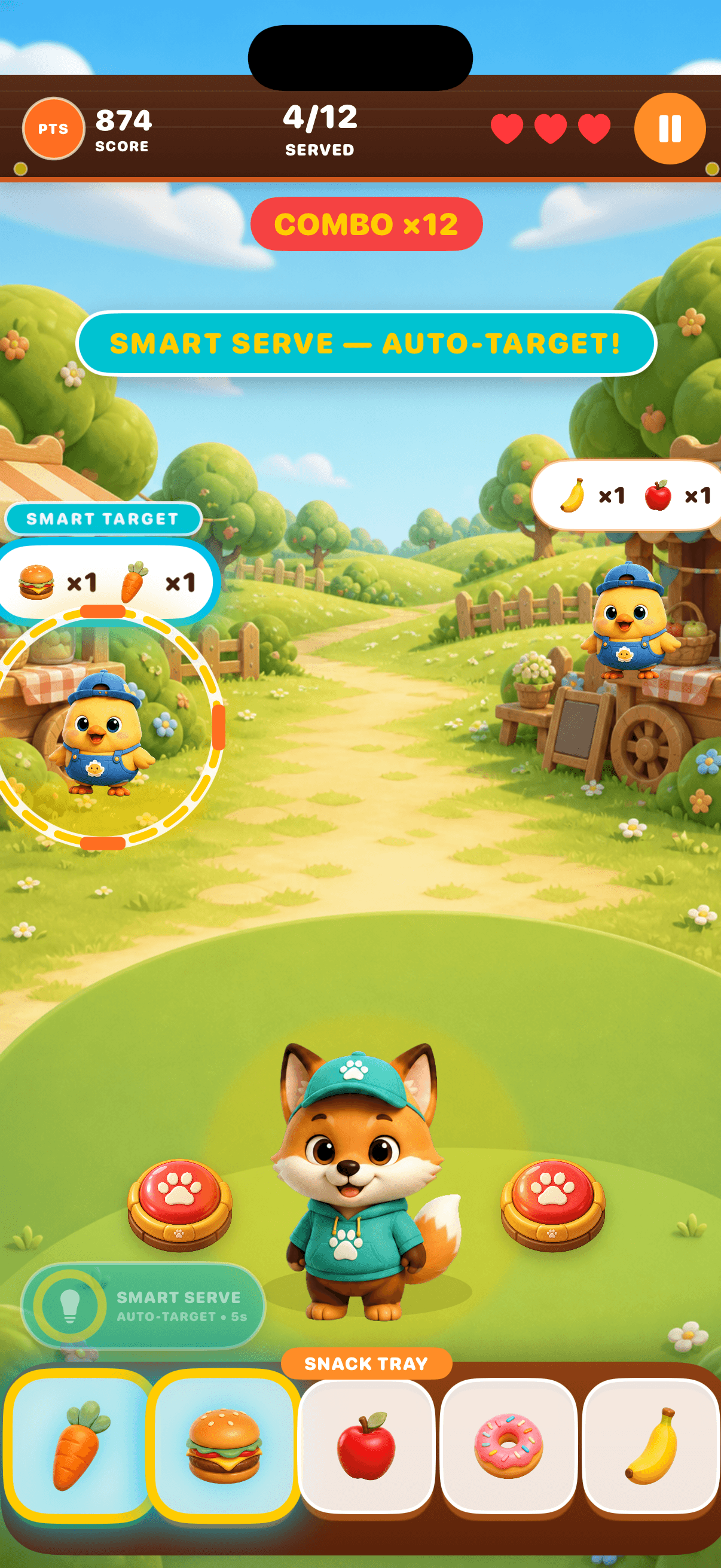 Foxy Buddy serving Snackers during actual Snackaroo gameplay